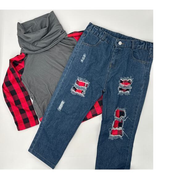 Sparkle in Pink | Cowel neck & Jeans Set | Girls 7/8 | Gray Red Black | plaid - Picture 2 of 6